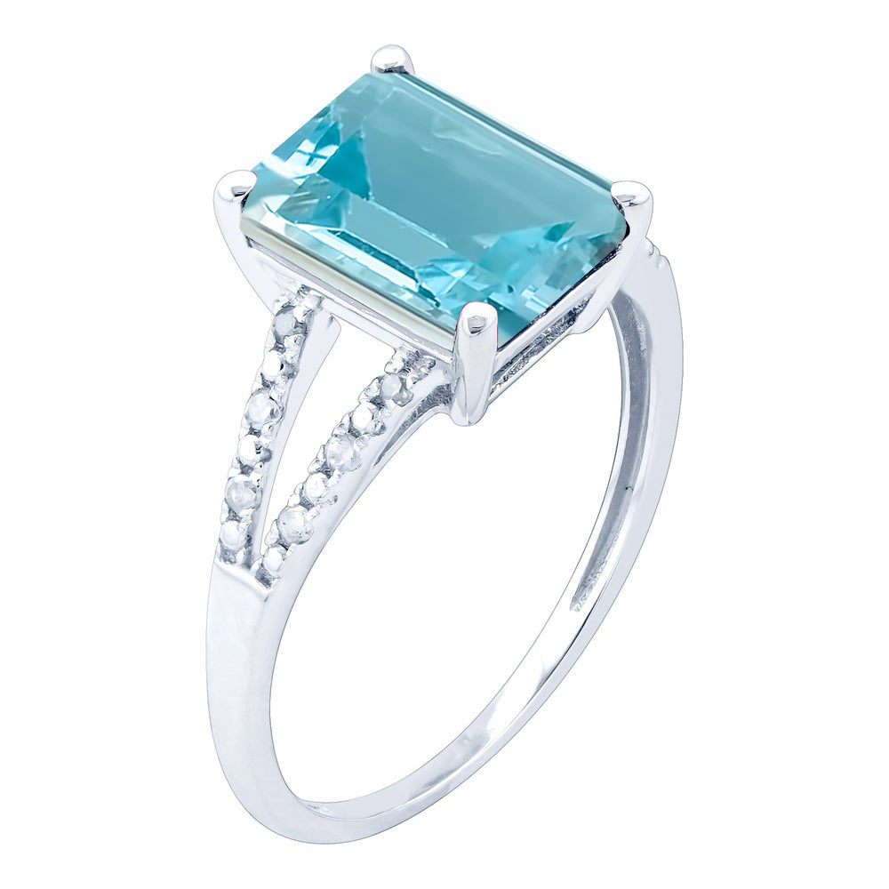 10k White Gold Genuine Emerald-Shape Blue Topaz and Split-Shank Diamond Ring