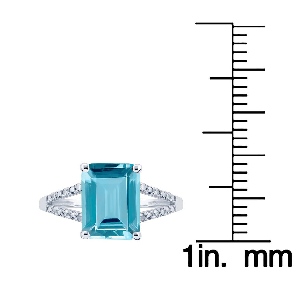 10k White Gold Genuine Emerald-Shape Blue Topaz and Split-Shank Diamond Ring