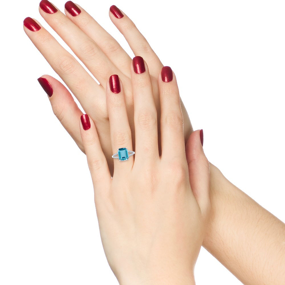10k White Gold Genuine Emerald-Shape Blue Topaz and Split-Shank Diamond Ring