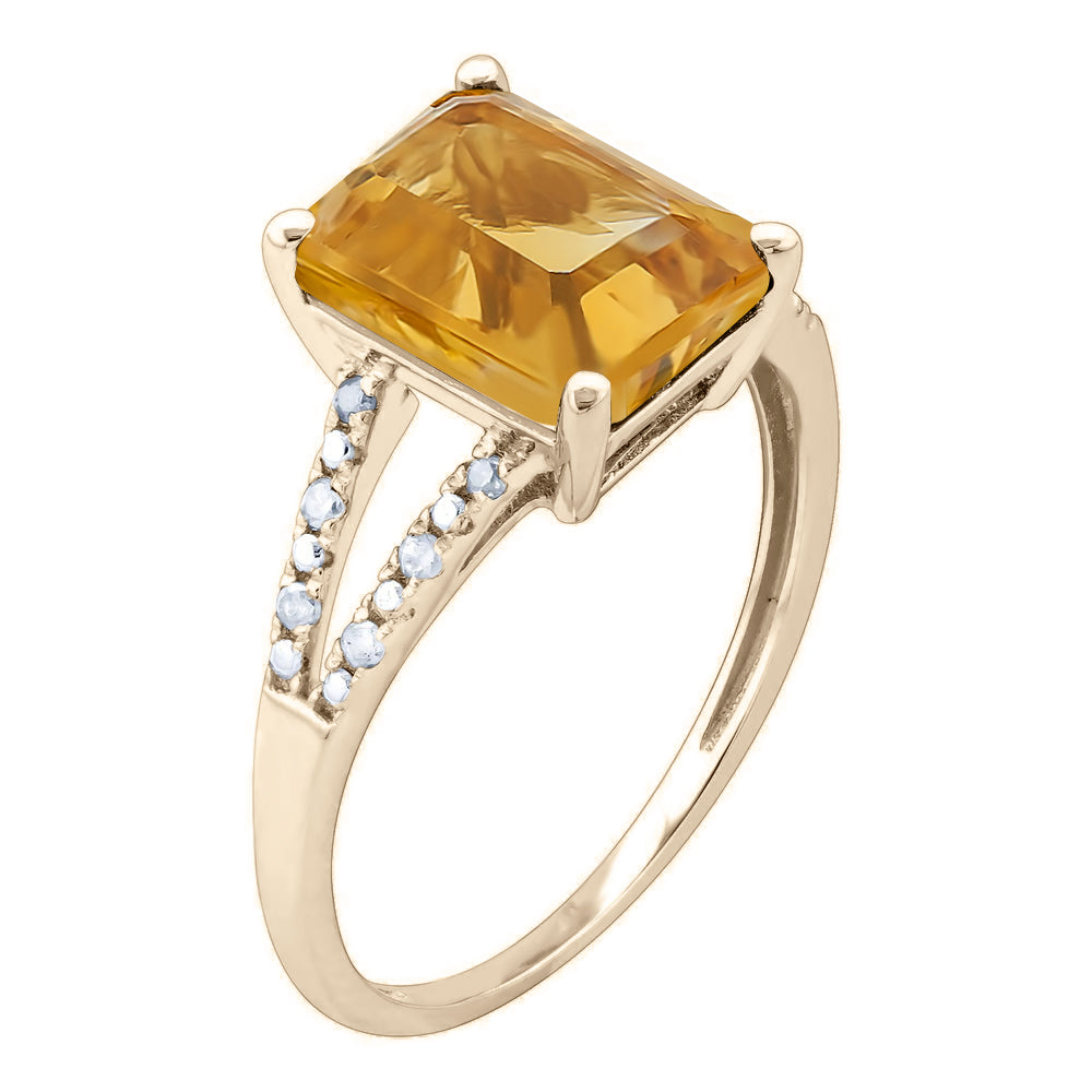 10k Yellow Gold Genuine Emerald-Shape Citrine and Split-Shank Diamond Ring