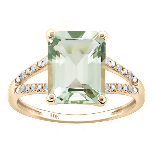10k Yellow Gold Genuine Emerald-Shape Green Amethyst and Split-Shank Diamond Ring
