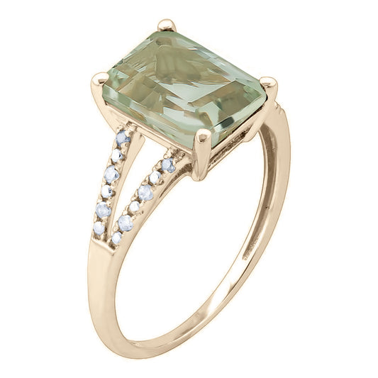 10k Yellow Gold Genuine Emerald-Shape Green Amethyst and Split-Shank Diamond Ring