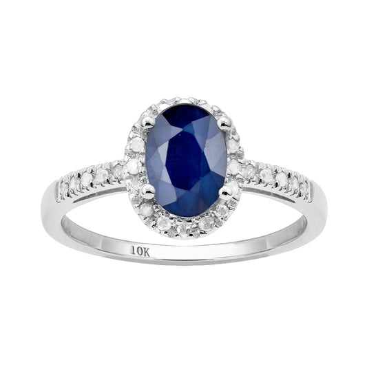 10k White Gold Oval Sapphire and Diamond Halo Ring