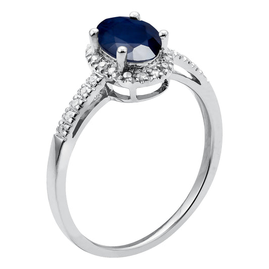 10k White Gold Oval Sapphire and Diamond Halo Ring