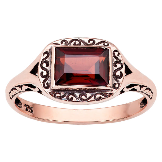 10k Rose Gold Vintage Style Genuine Emerald-Cut Garnet Scroll Ring