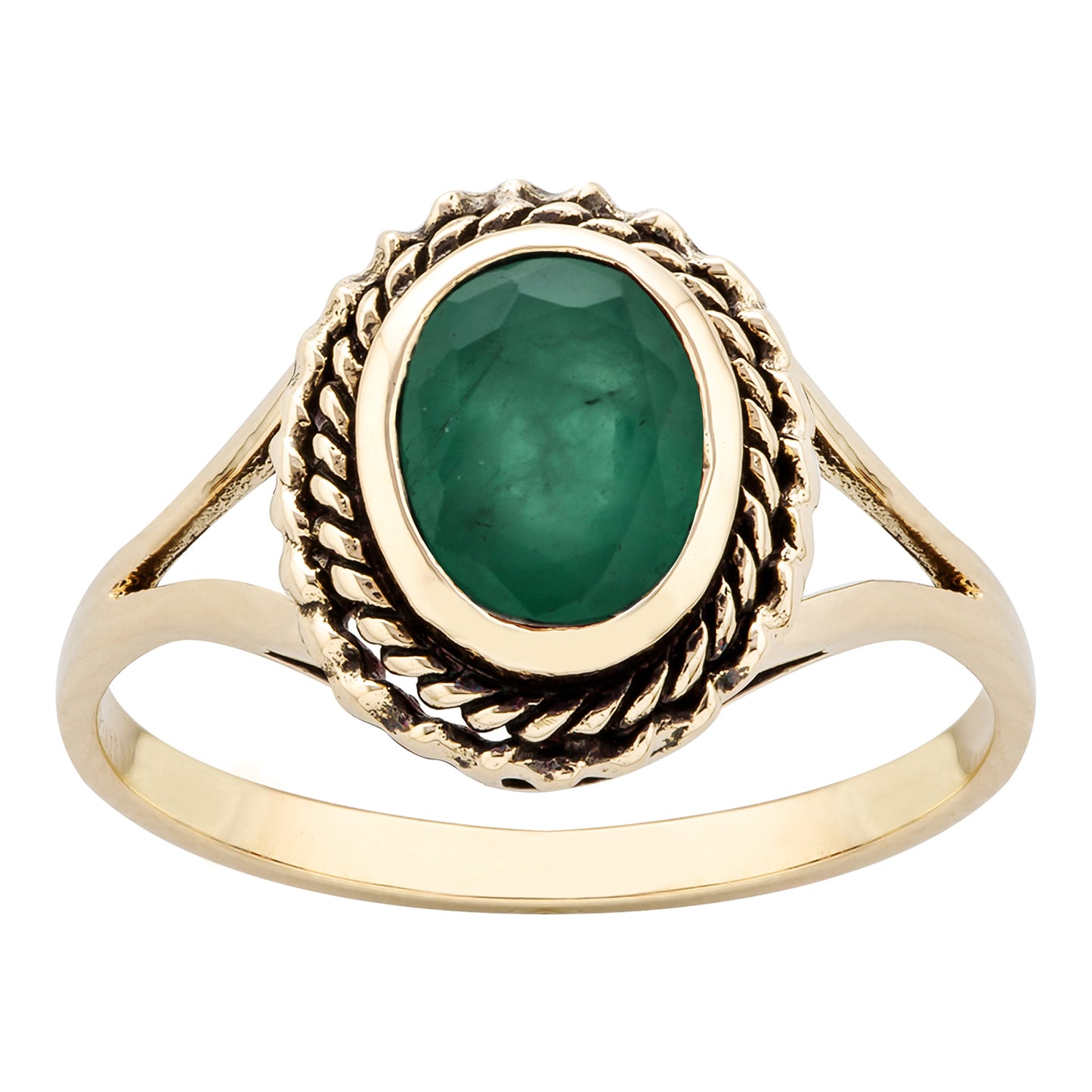 10k Yellow Gold Vintage Style Genuine Oval Emerald Split Shank Ring