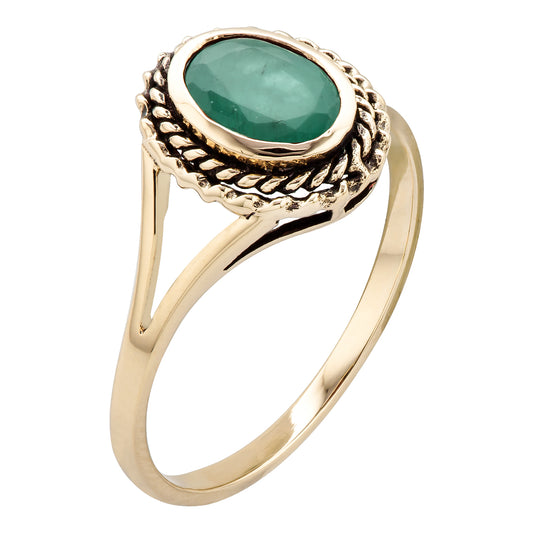 10k Yellow Gold Vintage Style Genuine Oval Emerald Split Shank Ring