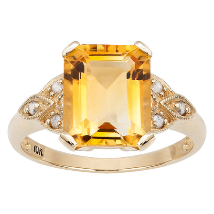 10k Yellow Gold Vintage Style Genuine Emerald-cut Citrine and Diamond Ring