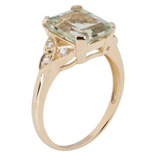 10k Yellow Gold Vintage Style Genuine Emerald-cut Green Amethyst and Diamond Ring