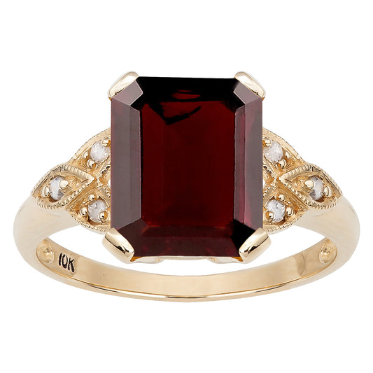 10k Yellow Gold Vintage Style Genuine Emerald-Cut Garnet and Diamond Ring