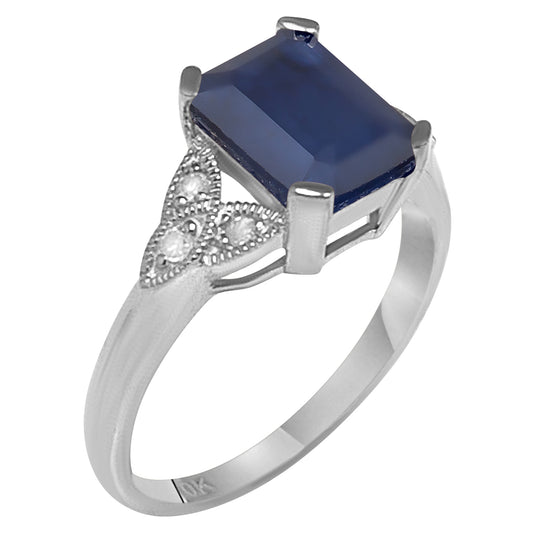 10k White Gold Vintage Style Genuine Emerald-Cut Sapphire and Diamond Ring