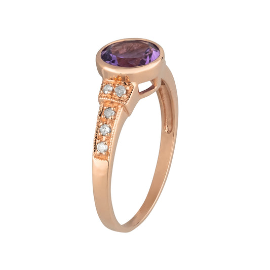 10k Rose Gold Vintage Style Genuine Round Amethyst and Diamond Ring