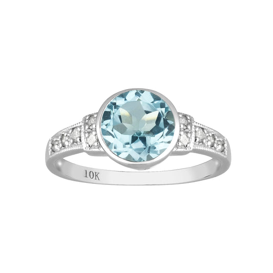 10k White Gold Vintage Style Genuine Round Blue Topaz and Diamond Ring