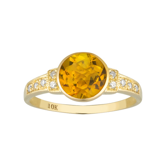 10k Yellow Gold Vintage Style Genuine Round Citrine and Diamond Ring