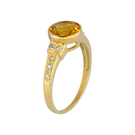 10k Yellow Gold Vintage Style Genuine Round Citrine and Diamond Ring