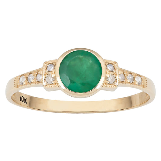 10k Yellow Gold Vintage Style Genuine Round Emerald and Diamond Ring