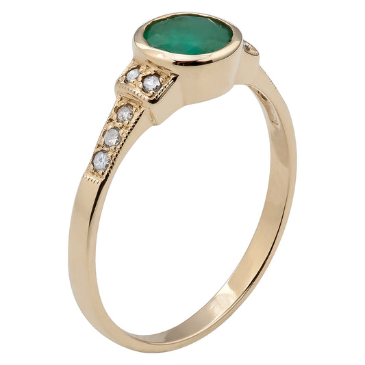 10k Yellow Gold Vintage Style Genuine Round Emerald and Diamond Ring