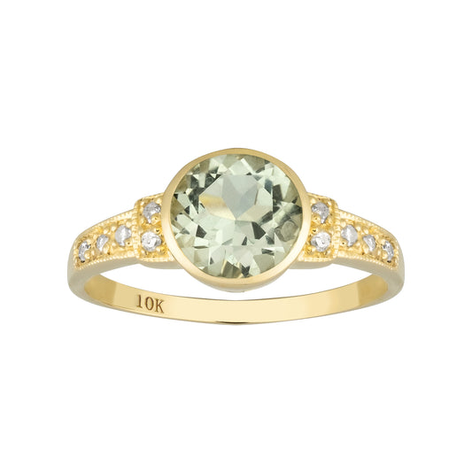 10k Yellow Gold Vintage Style Genuine Round Green Amethyst and Diamond Ring