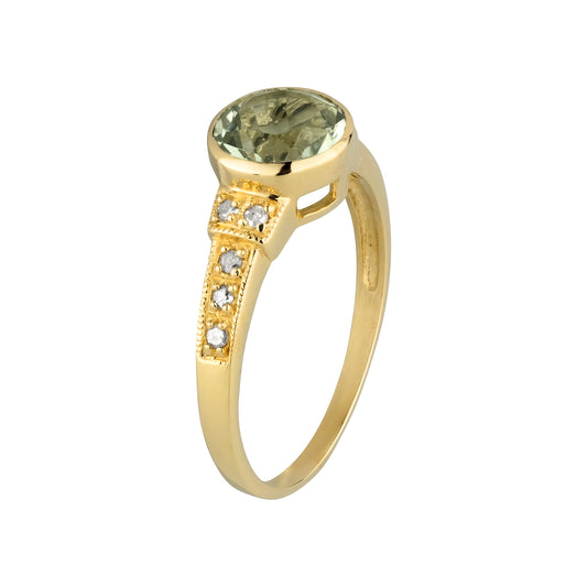 10k Yellow Gold Vintage Style Genuine Round Green Amethyst and Diamond Ring