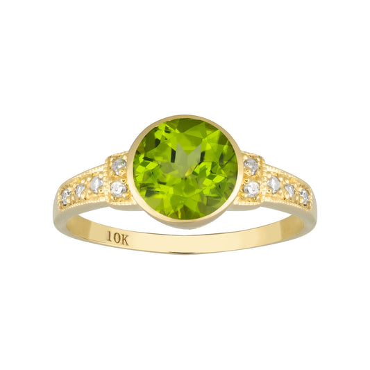 10k Yellow Gold Vintage Style Genuine Round Peridot and Diamond Ring