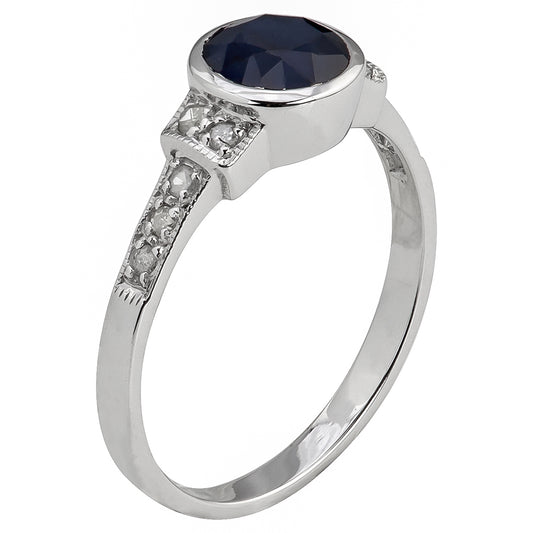 10k White Gold Vintage Style Genuine Round Sapphire and Diamond Ring