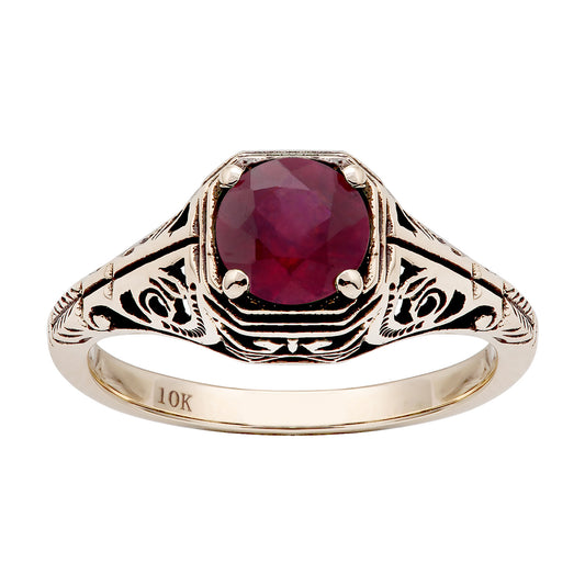 10k  Yellow Gold Vintage Style Genuine Round Ruby Filigree Ring