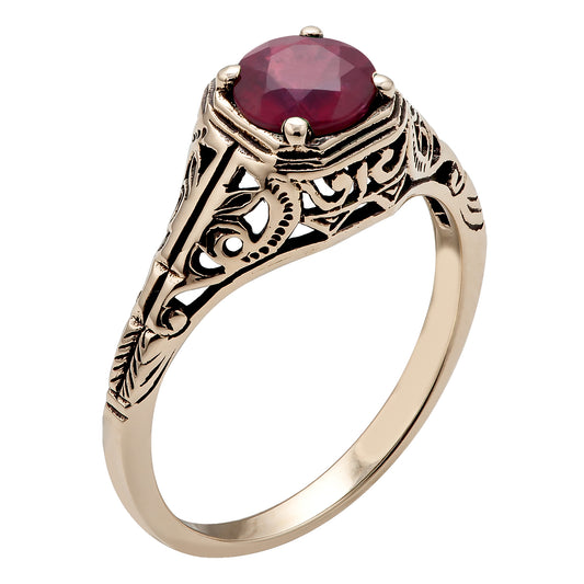 10k Yellow Gold Vintage Style Genuine Round Ruby Filigree Ring