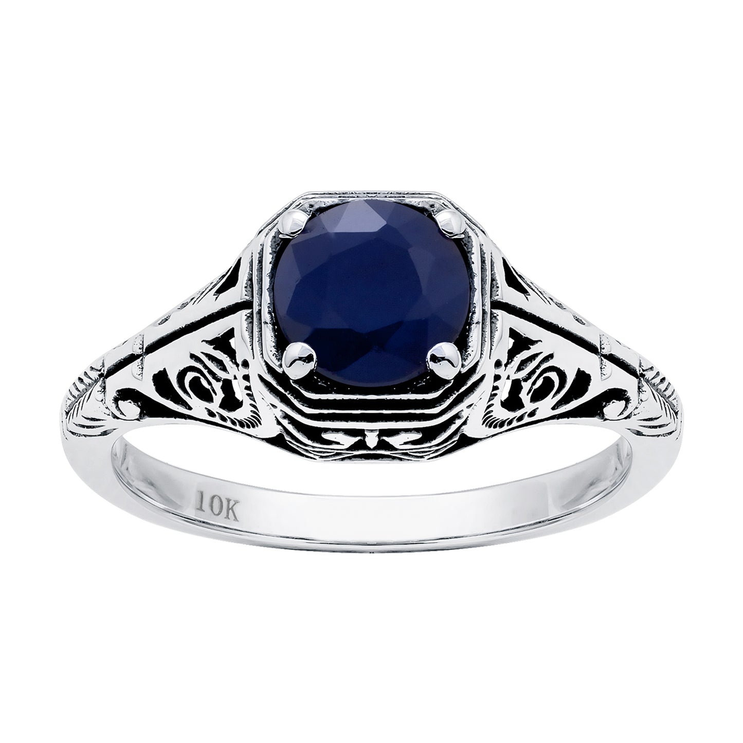 10k White Gold Vintage Style Genuine Round Sapphire Filigree Ring