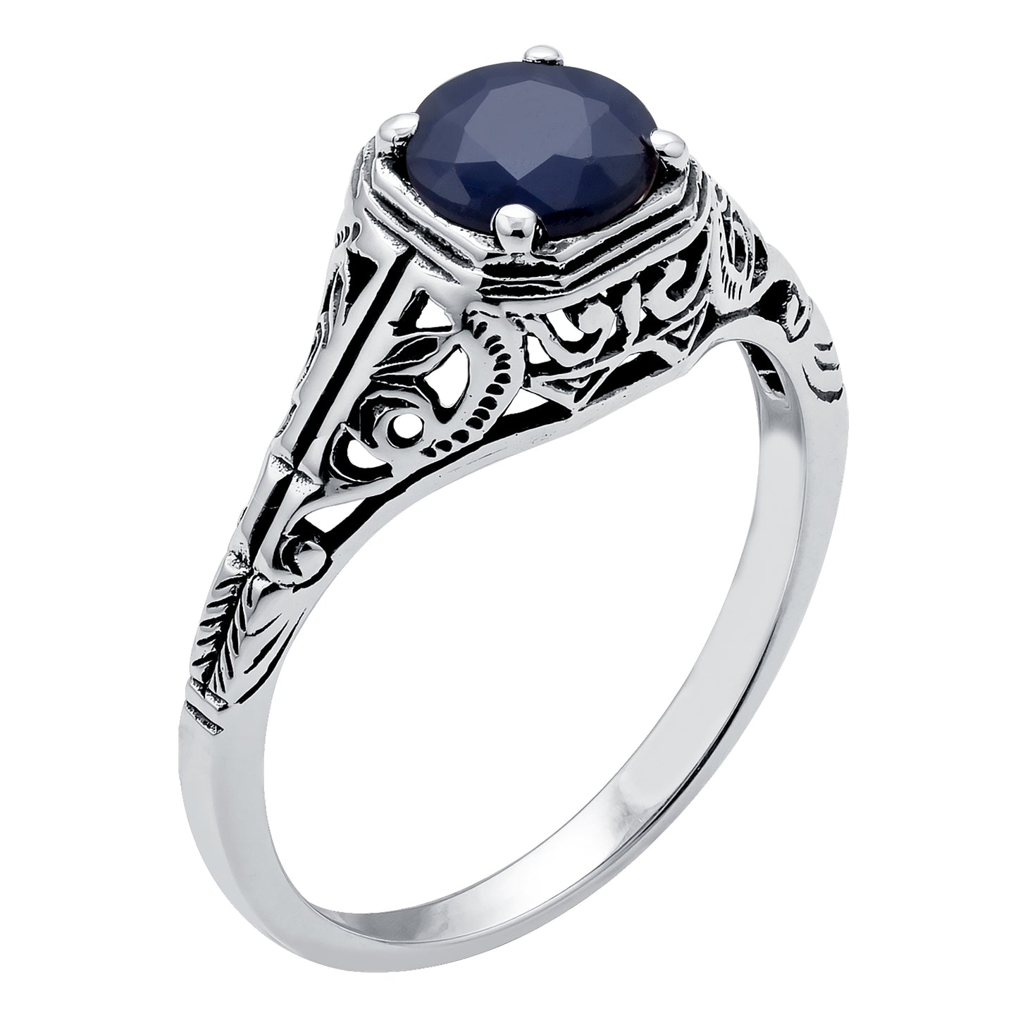 10k White Gold Vintage Style Genuine Round Sapphire Filigree Ring