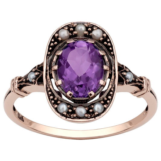 10k Rose Gold Vintage Style Genuine Oval Amethyst and Cultured-Pearl Ring