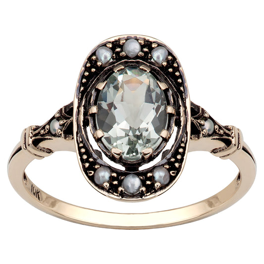 10k Yellow Gold Vintage Style Genuine Oval Green Amethyst and Cultured-Pearl Ring
