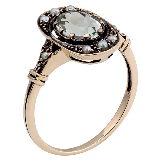 10k Yellow Gold Vintage Style Genuine Oval Green Amethyst and Cultured-Pearl Ring