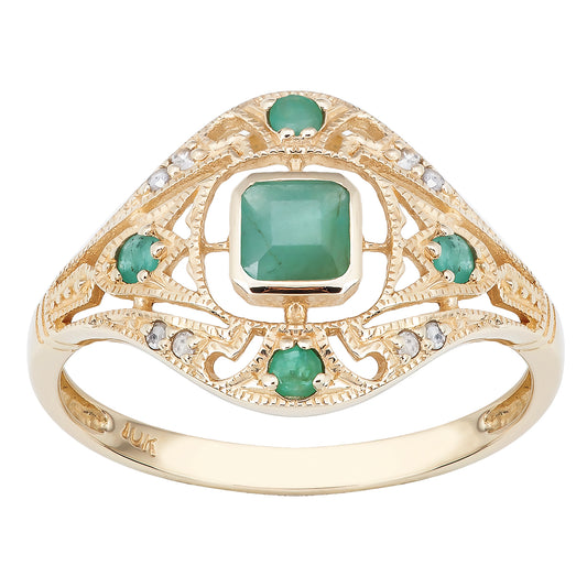 10k Yellow Gold Vintage Style Genuine Emerald and Diamond Ring