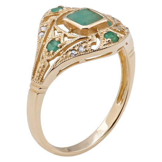 10k Yellow Gold Vintage Style Genuine Emerald and Diamond Ring
