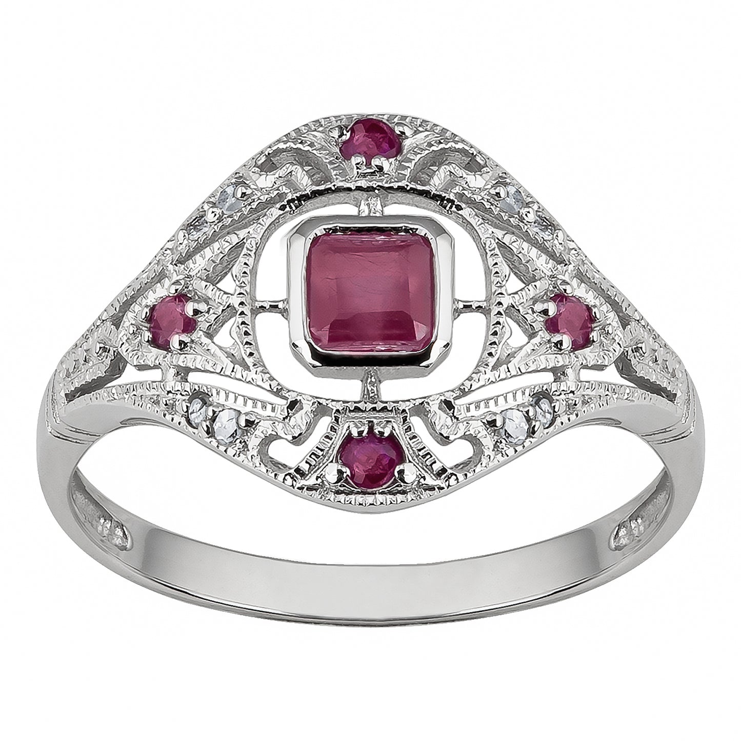 10k White Gold Vintage Style Genuine Ruby and Diamond Ring