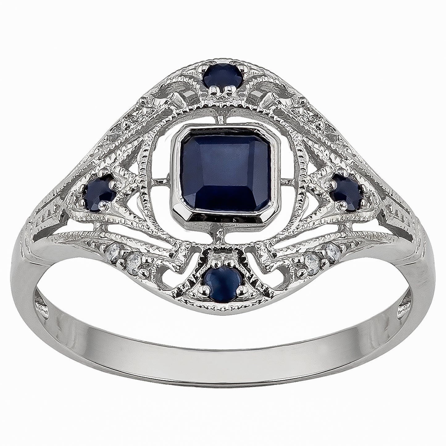 10k White Gold Vintage Style Genuine Sapphire and Diamond Ring
