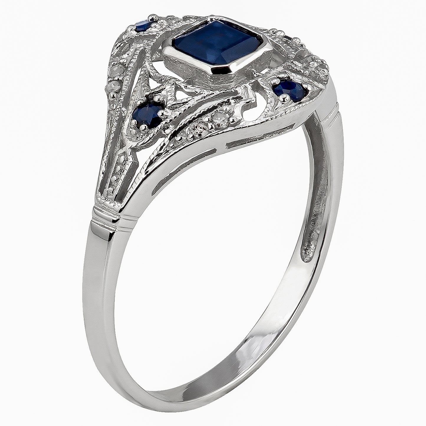 10k White Gold Vintage Style Genuine Sapphire and Diamond Ring