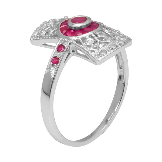 10k White Gold Antique Vintage Style Genuine Ruby and Diamond Ring