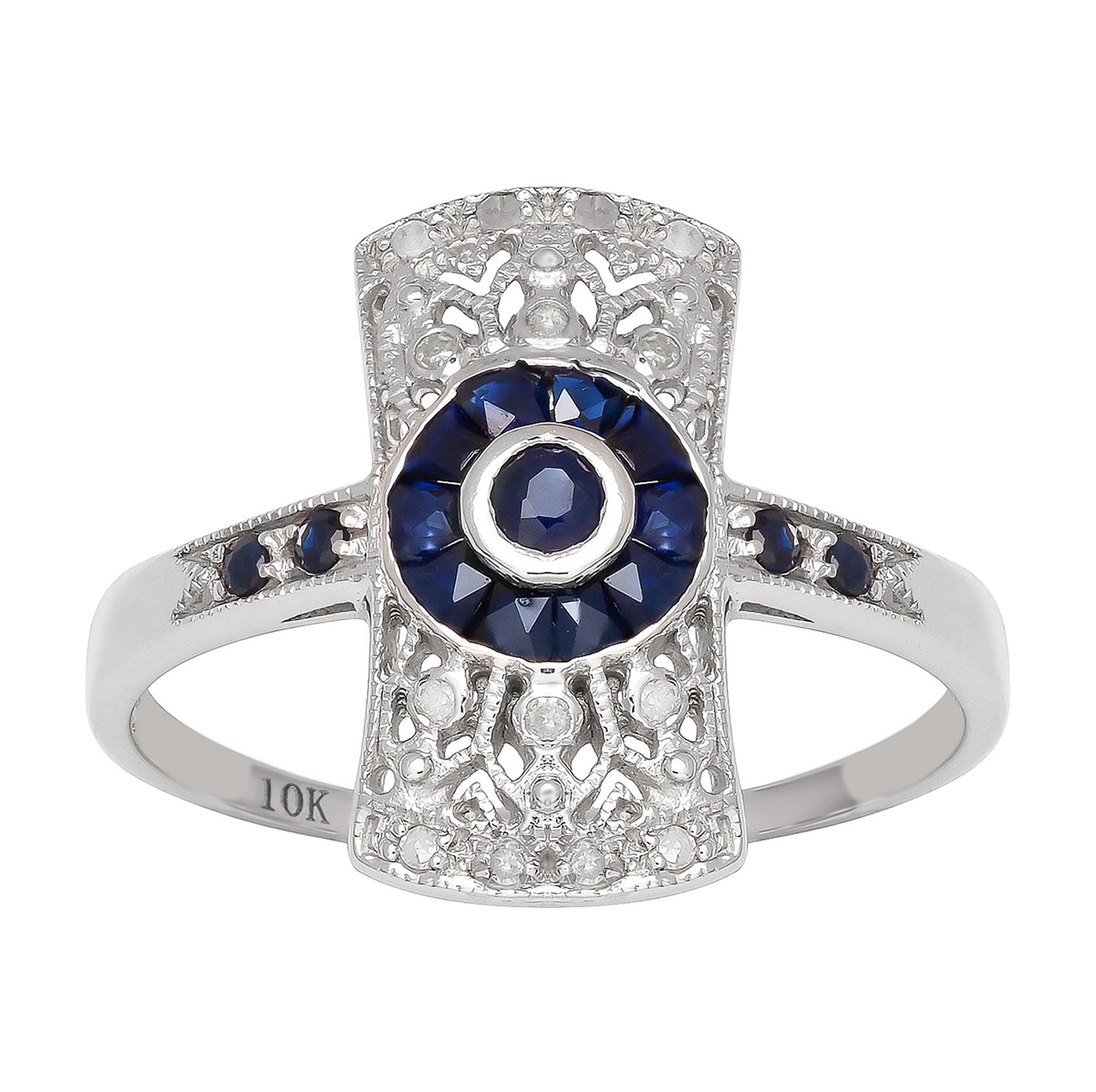 10k White Gold Antique Vintage Style Genuine Sapphire and Diamond Ring