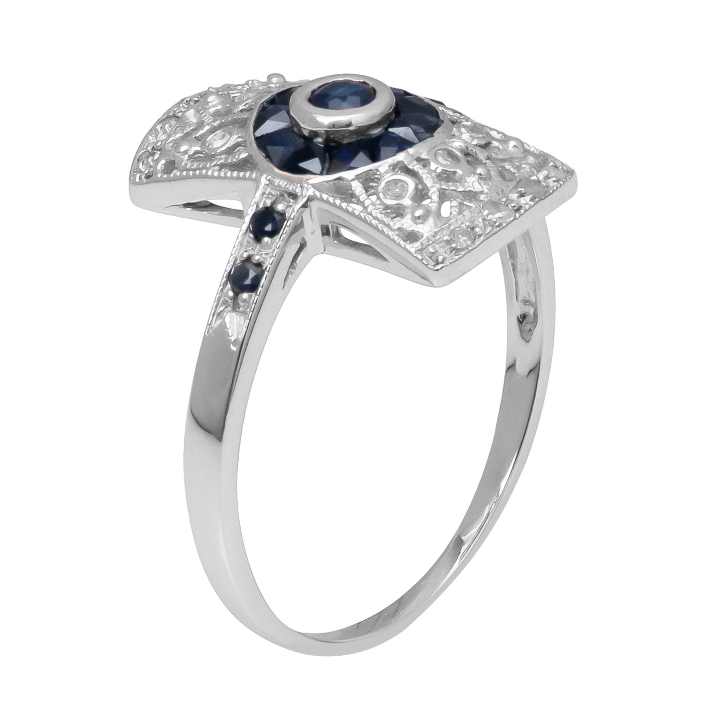 10k White Gold Antique Vintage Style Genuine Sapphire and Diamond Ring