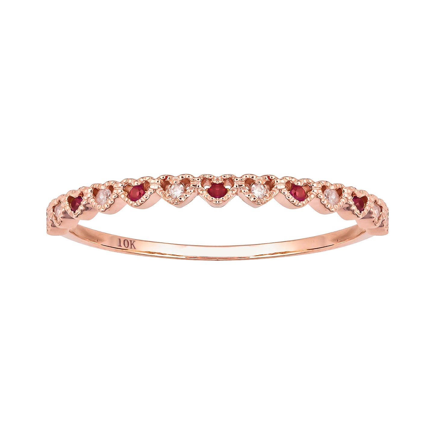 10k Rose Gold Genuine Ruby and Diamond Petite Heart Stackable Band