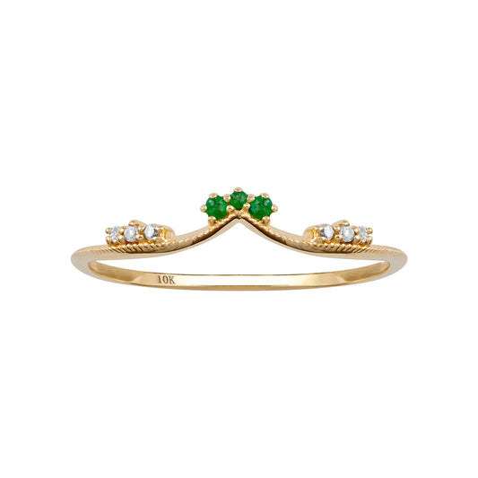 10k Yellow Gold Curved Genuine Emerald and Diamond Band Guard