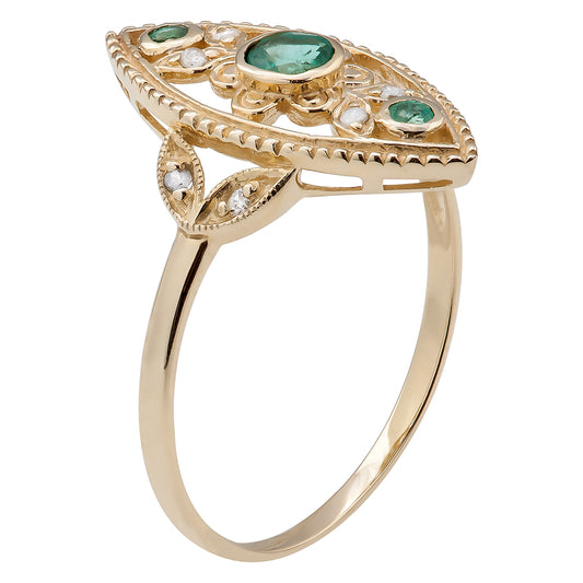 10k Yellow Gold Antique Style Genuine Round Emerald and Diamond Ring
