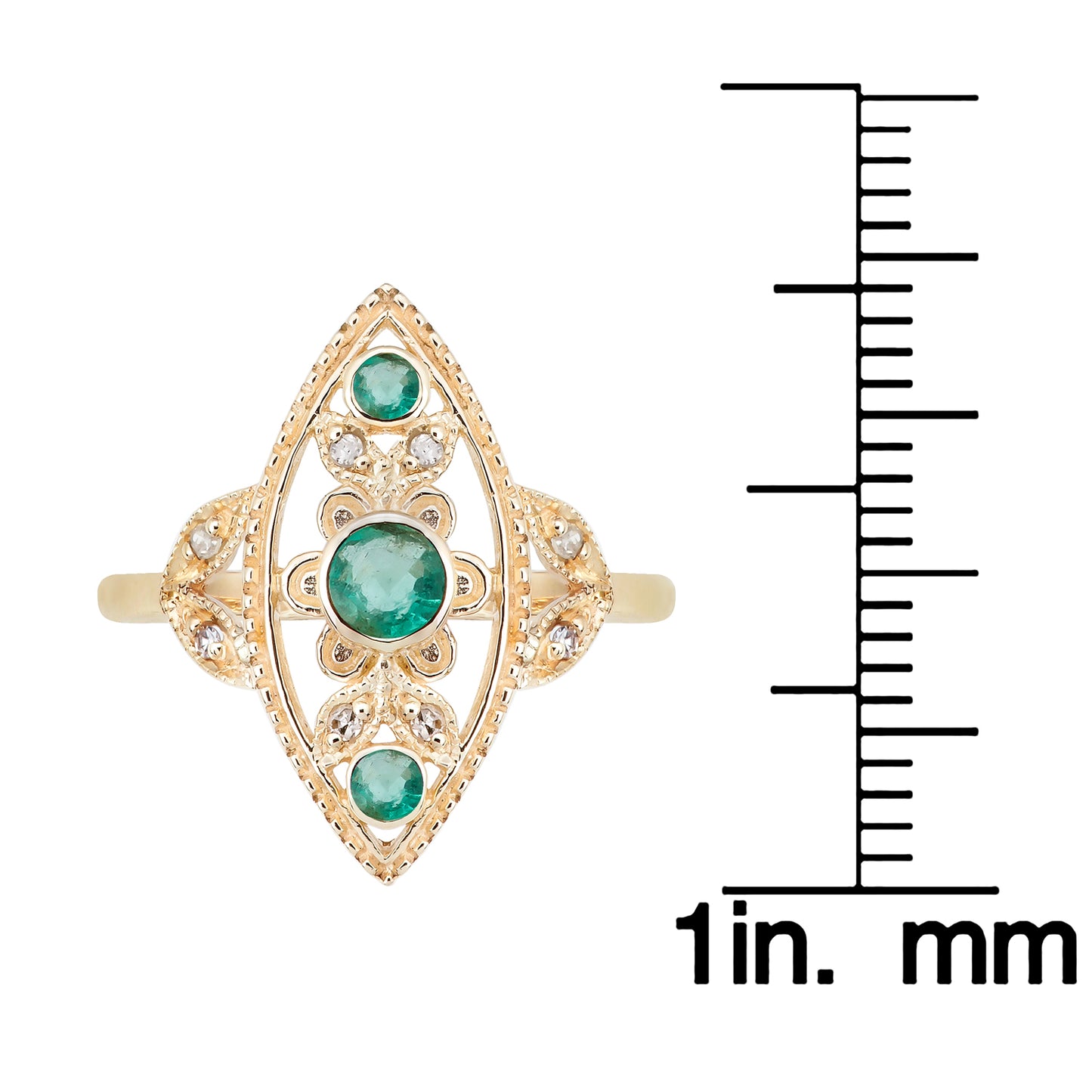 10k Yellow Gold Antique Style Genuine Round Emerald and Diamond Ring