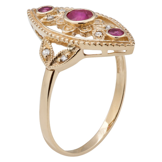 10k Yellow Gold Antique Style Genuine Round Ruby and Diamond Ring
