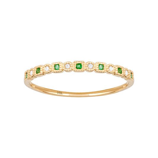 10k Yellow Gold Vintage Style Emerald and Diamond Petite Stackable Band