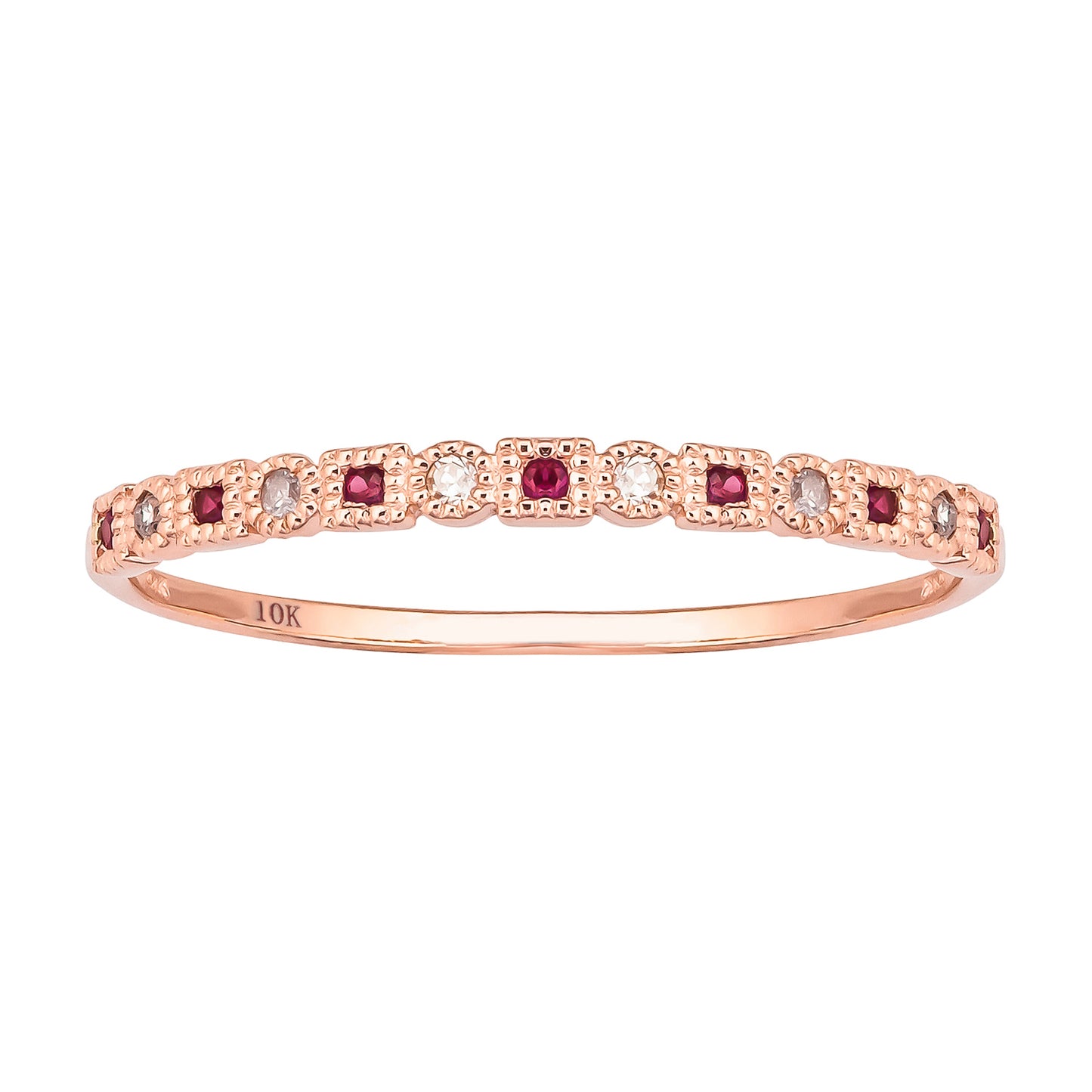 10k Rose Gold Vintage Style Ruby and Diamond Petite Stackable Band