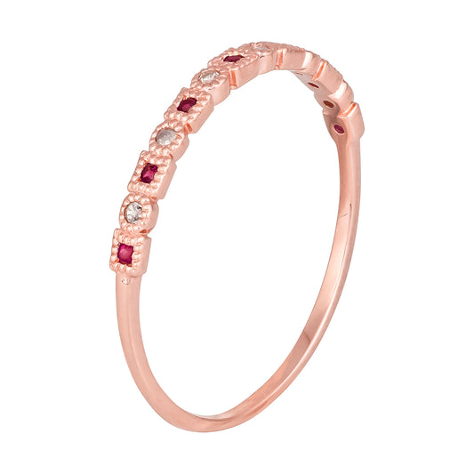 10k Rose Gold Vintage Style Ruby and Diamond Petite Stackable Band