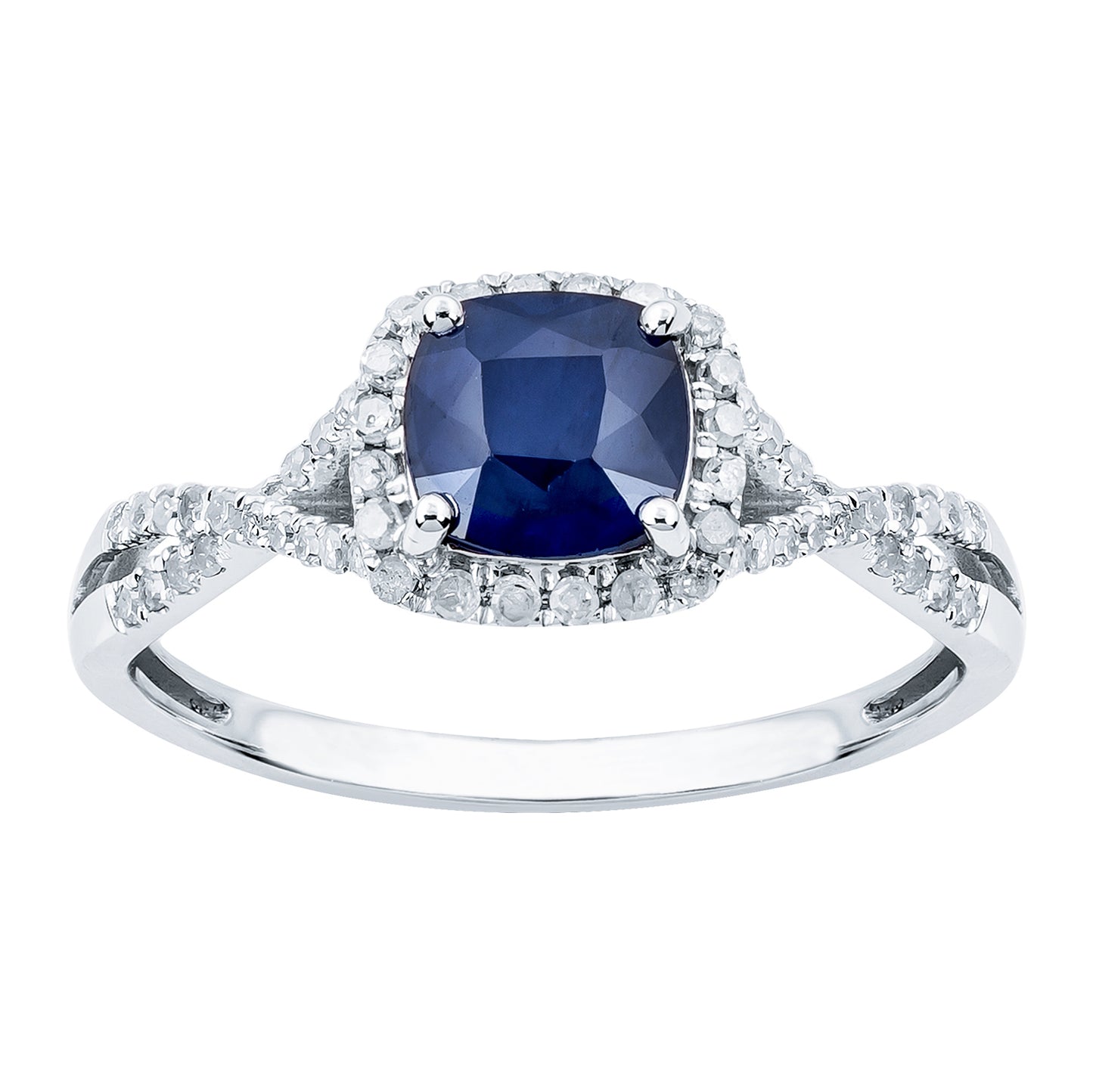 10k White Gold Genuine Cushion Sapphire and Diamond Halo Ring