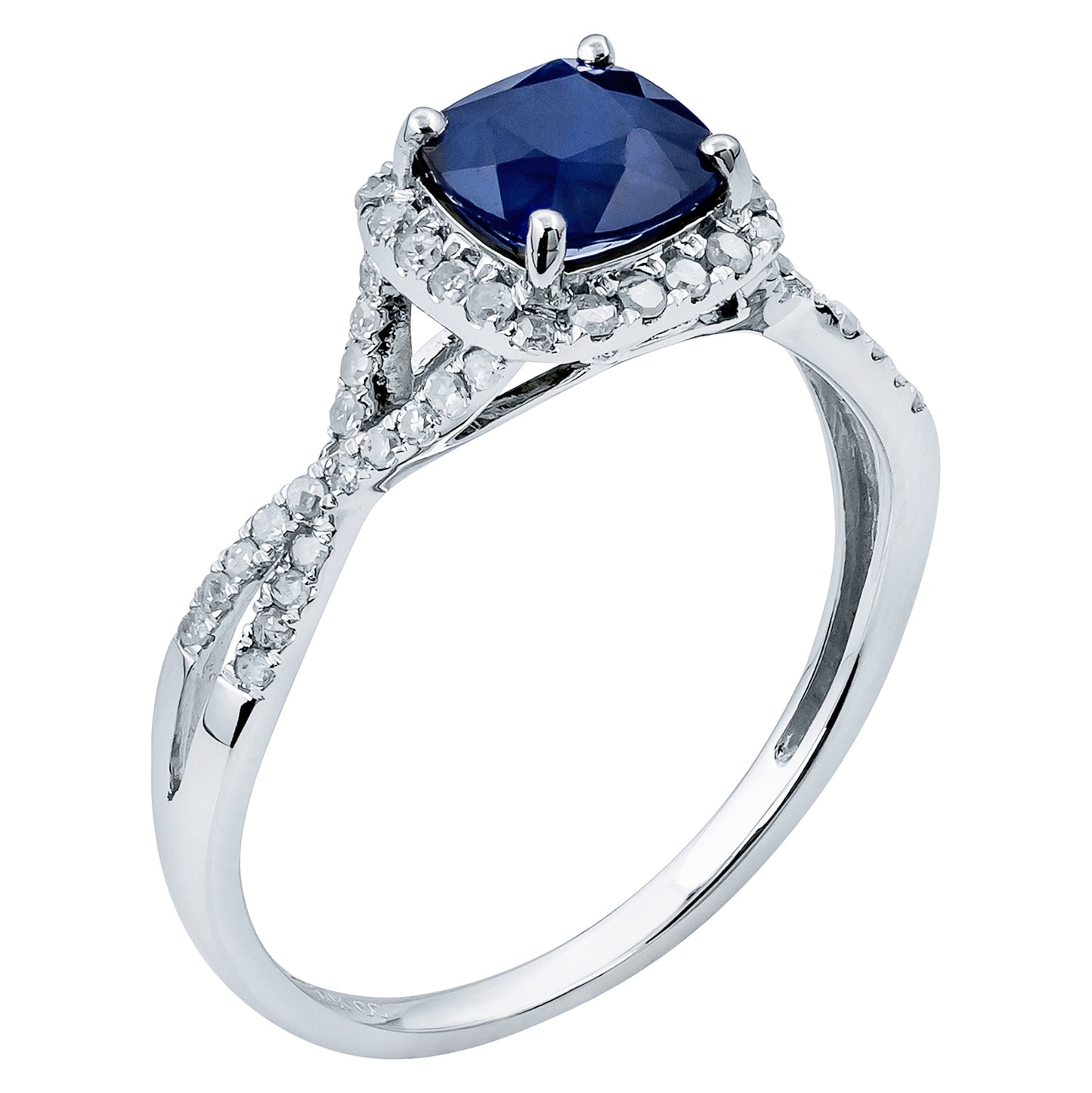 10k White Gold Genuine Cushion Sapphire and Diamond Halo Ring